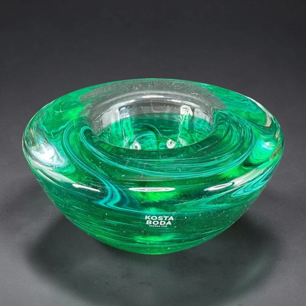Kosta Boda Sweden Art Glass Green Swirl Votive Candle Holder Signed Heavy Base